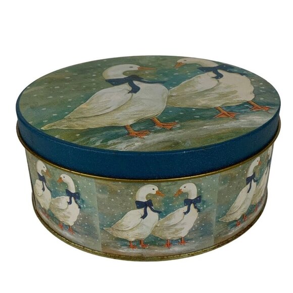 Vintage 1980s Round Winter Geese Tin With Blue Bows For Cookies & Biscuits - Picture 2 of 7
